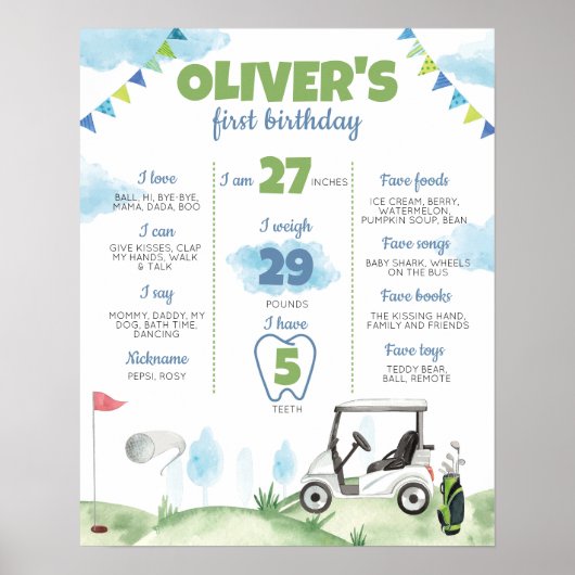 ホールインワンゴルフテーマ1stバースデーマイルストーンサイン ポスター (正面)