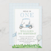 ホールインワンゴルフボーイ誕生日ブルーギンガム 招待状 (正面/裏面)