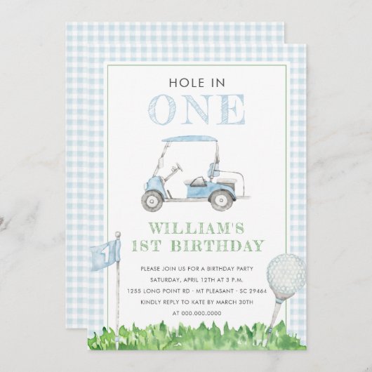 ホールインワンゴルフボーイ誕生日ブルーギンガム 招待状 (正面/裏面)