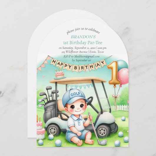 ホールインワンゴルフボーイ1stバースデーパーティー 招待状 (正面/裏面)