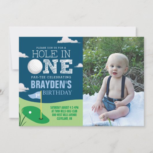 ホールインワンネイビーゴルフテーマボーイズファースト誕生日 招待状 (正面)