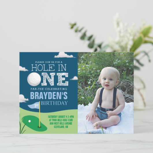 ホールインワンネイビーゴルフテーマボーイズファースト誕生日 招待状 (スタンド正面)