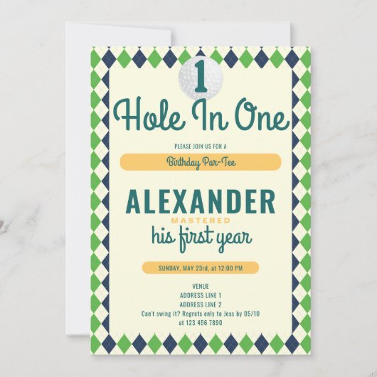 ホールインワンパーティーゴルフマスター1歳の誕生日 招待状 (正面)