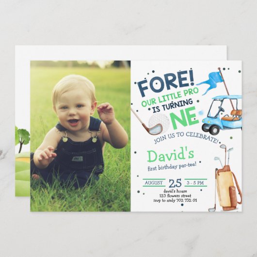ホールインワンパーティーボーイ1stバースデーゴルフ 招待状 (正面/裏面)