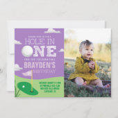 ホールインワンパープルゴルフテーマガールズファースト誕生日 招待状 (正面)