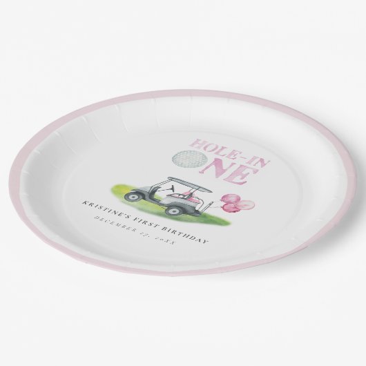 ホールインワンピンクゴルフカート誕生日紙プレート ペーパープレート (アングル)