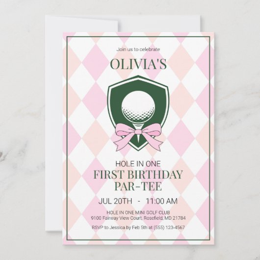 ホールインワンピンクゴルフガールズ1st誕生日パーティー 招待状 (正面)
