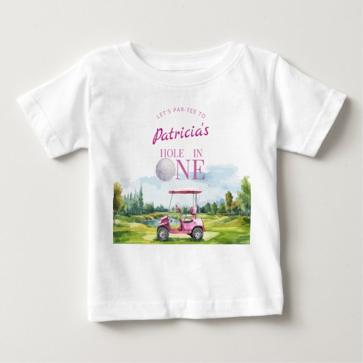 ホールインワンピンクゴルフ1歳誕生日 ベビーTシャツ (正面)