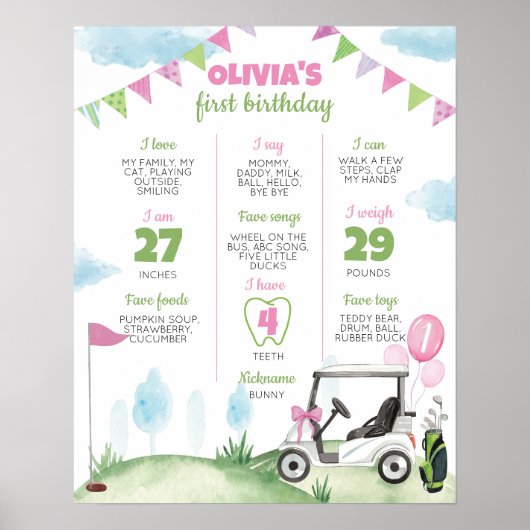 ホールインワンピンクゴルフ1stバースデーマイルストーンサイン ポスター (正面)