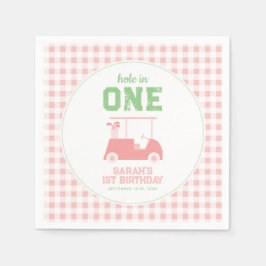 ホールインワンピンクチェックガールファースト誕生日 スタンダードカクテルナプキン