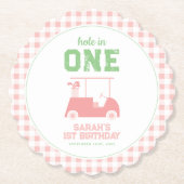 ホールインワンピンクチェックガールファースト誕生日 ペーパーコースター (正面)