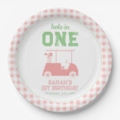 ホールインワンピンクチェックガールファースト誕生日 ペーパープレート (正面)