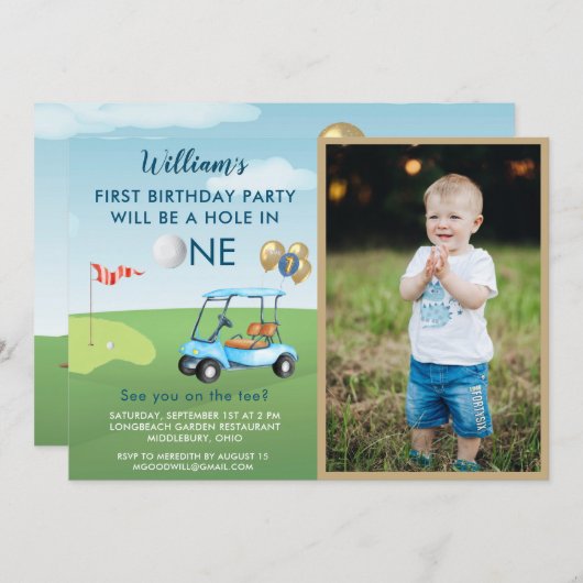 ホールインワンフォトボーイゴルフパーティー1st誕生日 招待状 (正面/裏面)