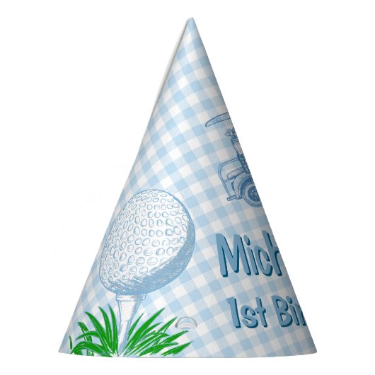 ホールインワンブルーギンガムゴルフパーティー モノグラムの パーティーハット (左)