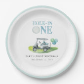 ホールインワンブルーゴルフカート誕生日紙プレート ペーパープレート (正面)