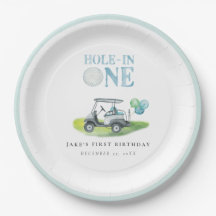 ホールインワンブルーゴルフカート誕生日紙プレート