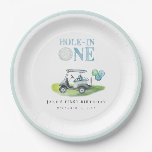 ホールインワンブルーゴルフカート誕生日紙プレート ペーパープレート (正面)