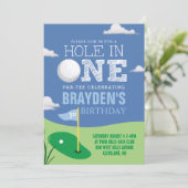 ホールインワンブルーゴルフテーマボーイズファースト誕生日 招待状 (スタンド正面)