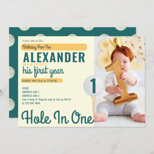 ホールインワン誕生日ゴルフマスター1歳の誕生日 招待状 (正面/裏面)
