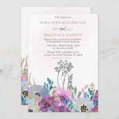 *~*ホールディングハンズピンク花グリッター結婚ズ 招待状 (正面/裏面)