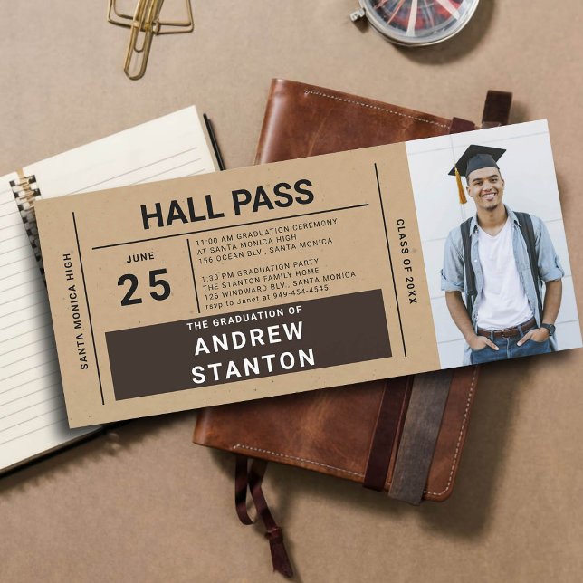 ホールパスグラードパーティークラフトハイスクール招待状 (boys graduation party ideas high school hall pass unique personalized invites brown craft paper)