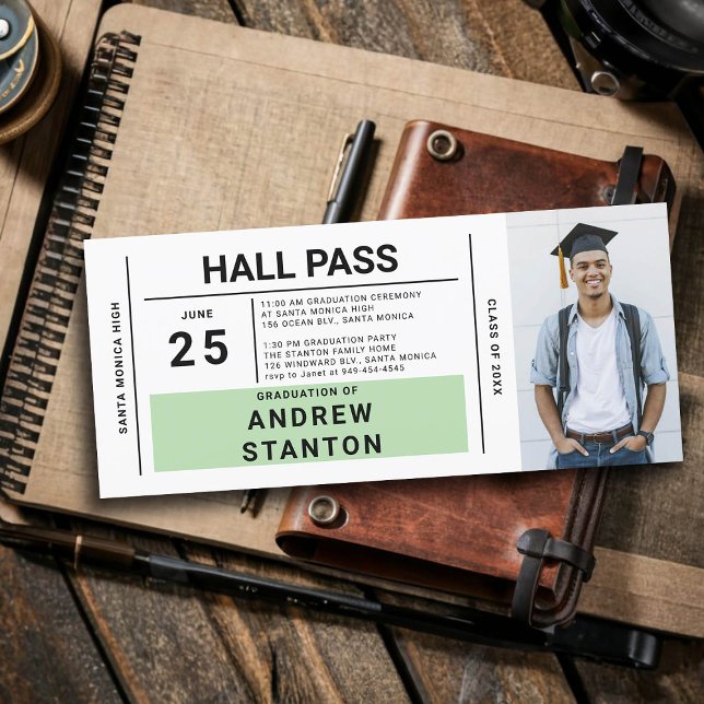 ホールパスグラードパーティーグリーンハイスクール招待状 (boy graduation party ideas high school hall pass invitation template male grad diy personalized fun)