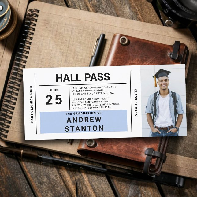 ホールパスグラードパーティーブルーハイスクール招待状 (boy graduation party ideas high school hall pass invitation template male grad diy personalized blue)