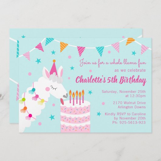 ホールラマおもしろいケーキ5th誕生日アクア 招待状 (正面/裏面)