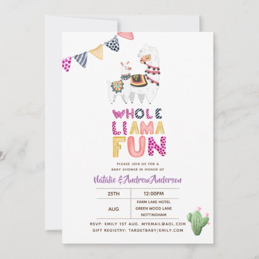 ホールラマおもしろいベビーママシャワーパープルピンクガールズ 招待状 (正面)