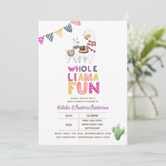 ホールラマおもしろいベビーママシャワーパープルピンクガールズ 招待状 (スタンド正面)