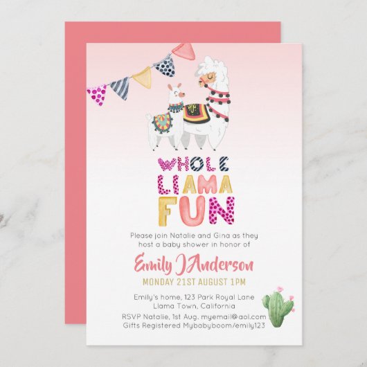 ホールラマおもしろいママベビーフィエスタカッティピンクガールズ 招待状 (正面/裏面)
