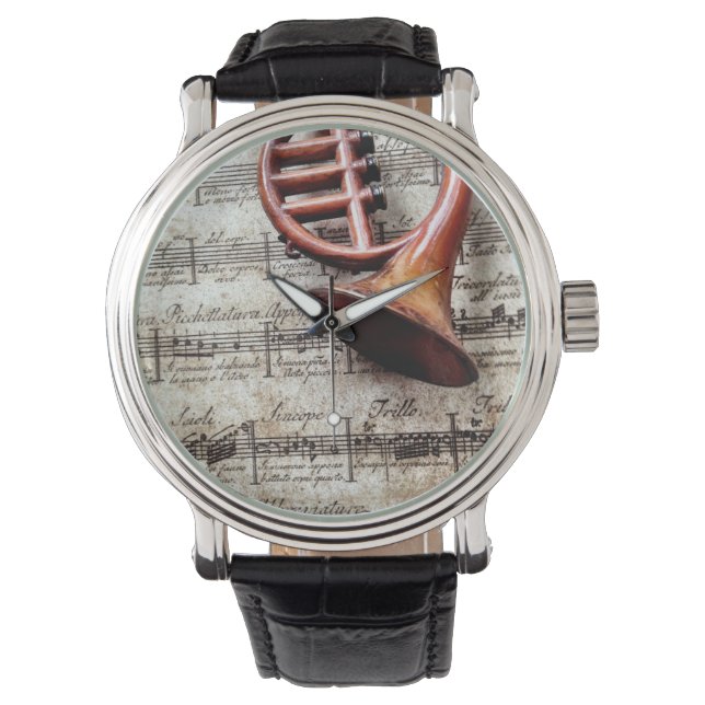 ホーンオーナメントオン音楽ヴィンテージストラップウォッチ 腕時計 (正面)