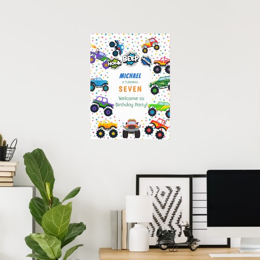 ホーンクビープvroomモンスタートラックボーイ誕生日へようこそ ポスター (ホームオフィス)