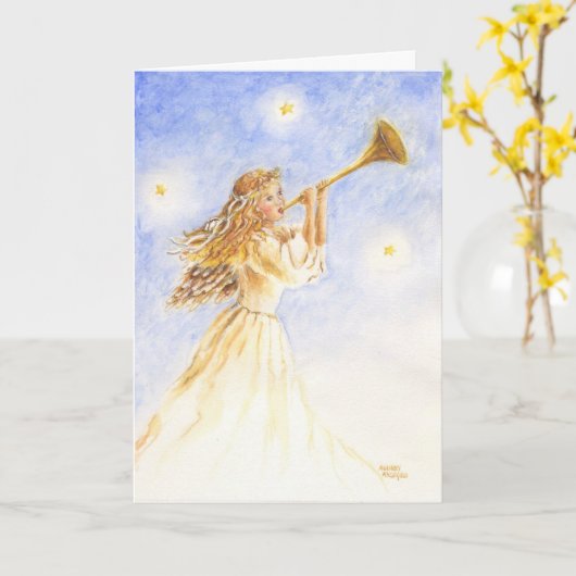 ホーングリーティングカード付きクリスチャン・クリスマスエンジェル カード (黄色い花)