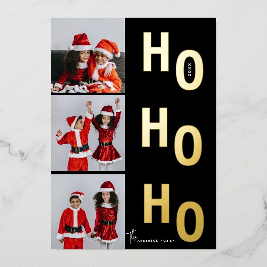 ホー ホー ホー カスタム 3 枚の写真 コラージュ クリスマス 箔シーズンカード (正面)