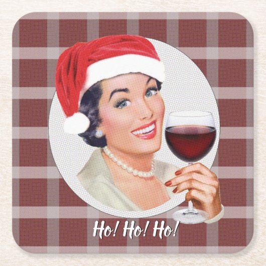 ホー！ホー！ホー！赤い格子縞 スクエアペーパーコースター (正面)