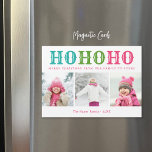 ホー ホー ホー | 3枚の写真を飾れるマグネット式ホリデーカード<br><div class="desc">シンプルなテンプレートでカスタマイズ可能な、リーズナブルなマグネット式ホリデー写真カード。かわいいフェスティブデザインで、ピンク、グリーン、アクアブルーのカラフルな「ホー ホー ホー」のタイポグラフィが特徴です。下のメッセージは「私たちの家族からあなたの家族へ、メリークリスマス」です。3枚の家族写真、名前、年をパーソナライズできます。裏面には、雪のドットパターンがプリントされているので、追加の写真やテキストを入れることもできます。デザインツールを使って、背景の色を選んだり、テキストのフォントや色を編集したり、さらに写真を追加して、ユニークなクリスマス写真カードを作成しましょう。</div>