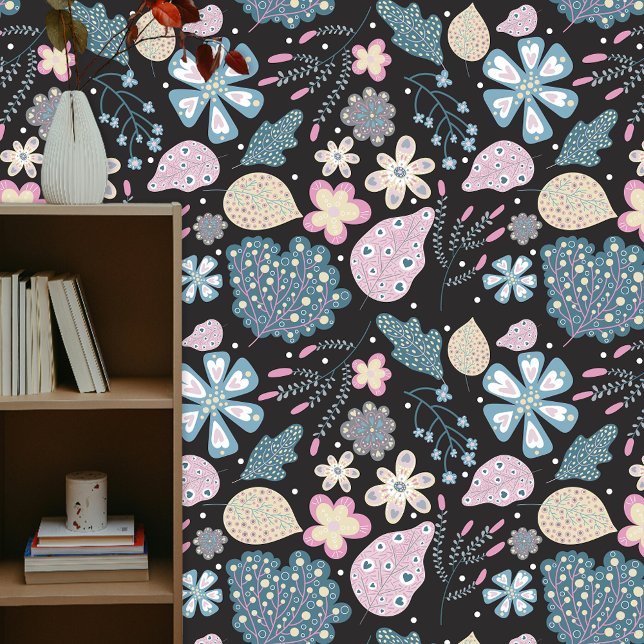 ボよくはしゃぐホフォークアートパステル花模様と葉 壁紙 (クリエイターアップロード済み)