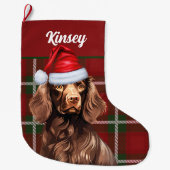 ボイキンスパニエル犬ドッグレッドプレイドパーソナライズされた ラージクリスマスストッキング (正面)