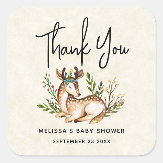 ボウかわいらしホを敷く水彩鹿 スクエアシール (正面)