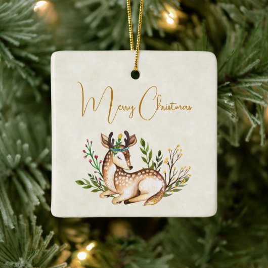 ボウかわいらしホを敷く水彩鹿 セラミックオーナメント (ツリー)