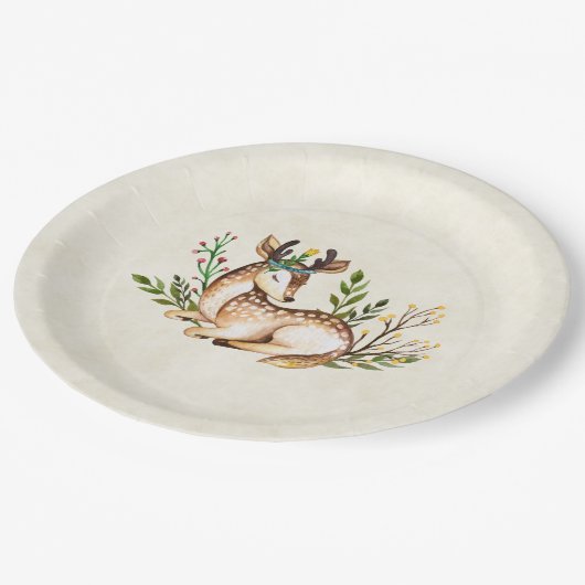ボウかわいらしホを敷く水彩鹿 ペーパープレート (アングル)