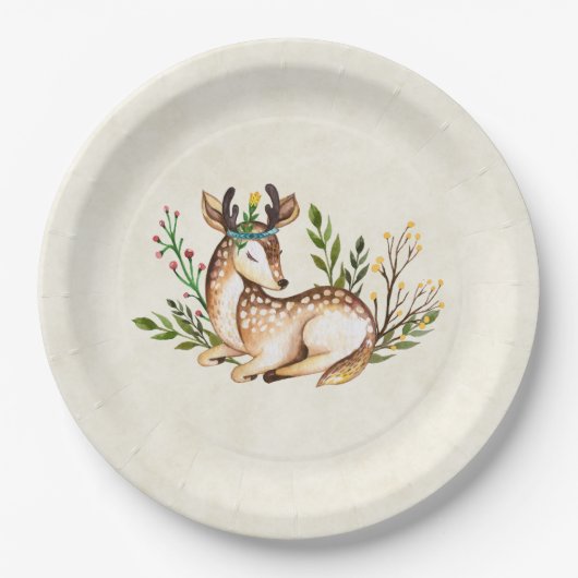 ボウかわいらしホを敷く水彩鹿 ペーパープレート (正面)