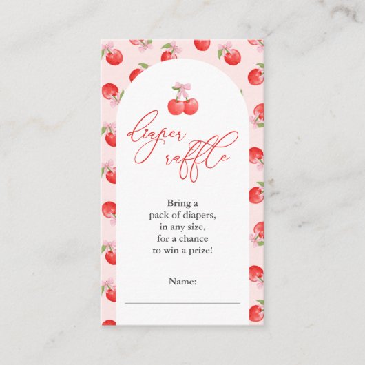 ボウさくらんぼオントップベビーガールシャワーおむつラッフル エンクロージャーカード (正面)