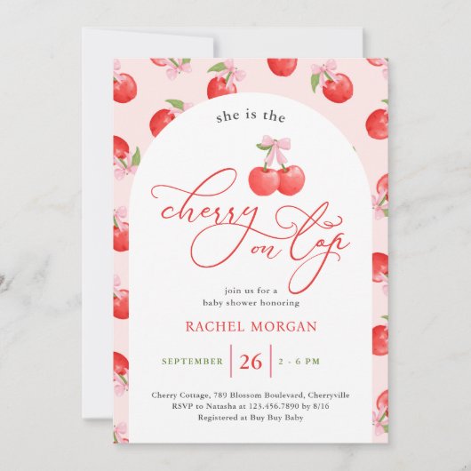 ボウさくらんぼオントップベビーガールシャワー 招待状 (正面)