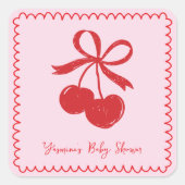 ボウさくらんぼピンク&レッドハンドドロー赤ちゃん女の子シャワー スクエアシール (正面)