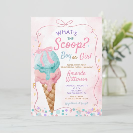 ボウアイスカラフルクリームボーイまたはガールジェンダーの表示 招待状 (スタンド正面)