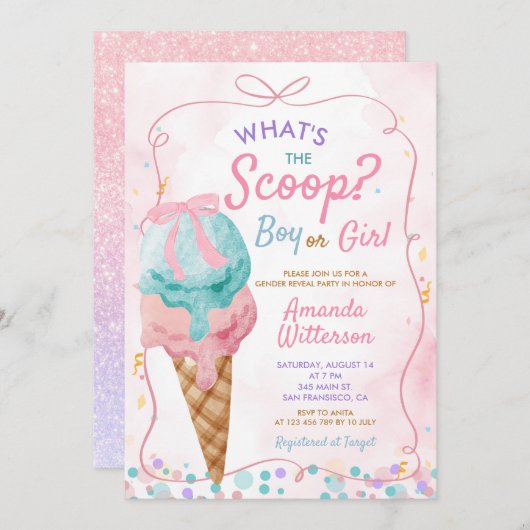 ボウアイスカラフルクリームボーイまたはガールジェンダーの表示 招待状 (正面/裏面)