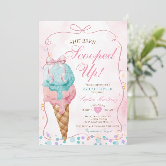 ボウアイスクリームスクープされたブライダルシャワー 招待状 (スタンド正面)