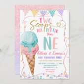 ボウアイスクリームツースクオプスツインガールズバースデーパーティー 招待状 (正面/裏面)